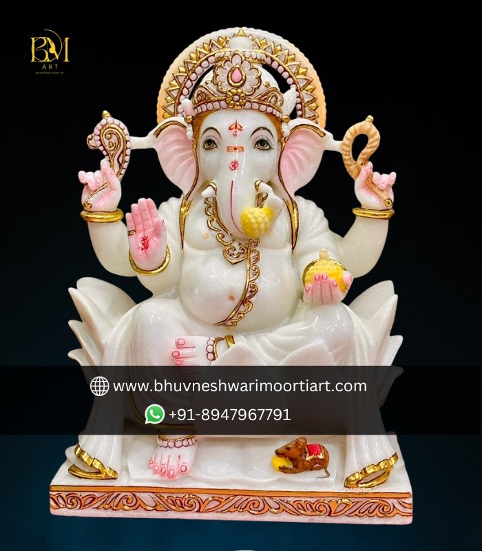 Marble Ganesha On Singhasan Statue
