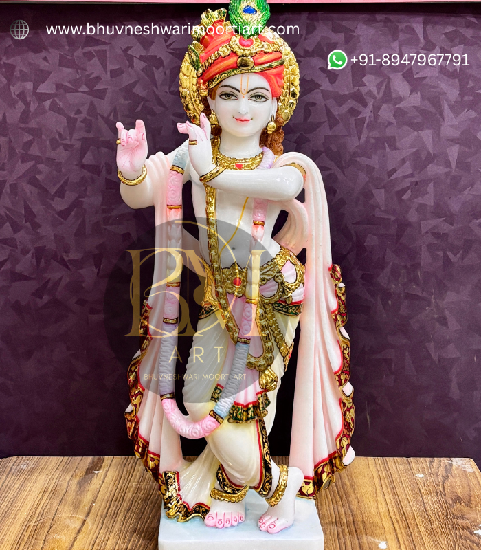 White Makrana Marble Krishna Statue- 21 inch size