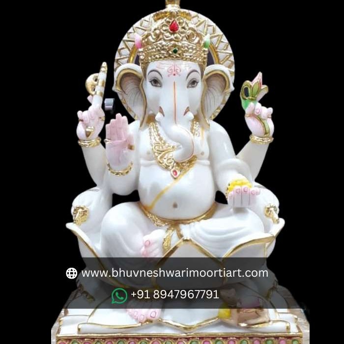 White Marble Ganpati Murti on Lotus