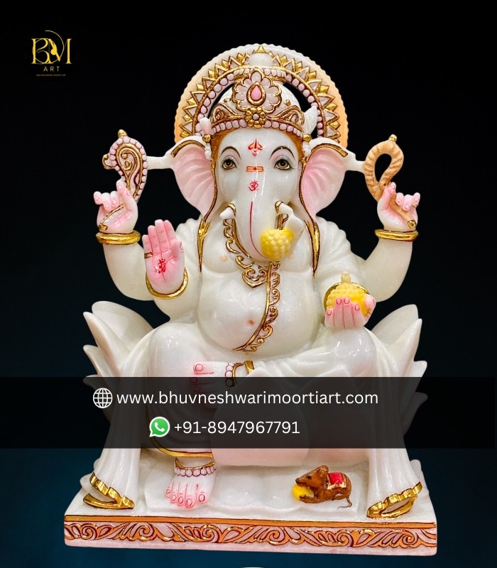 3 Feet White Marble Standing Ganesha Statue on Lotus