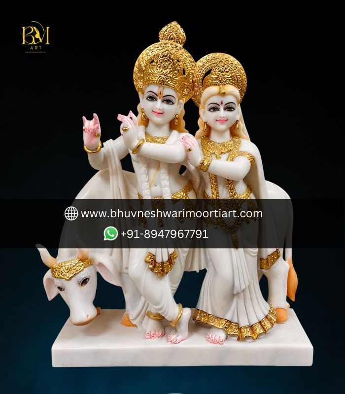 White Makrana Marble Jugal Radha Krishna Statue with Cow