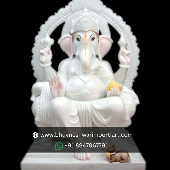 Marble Ganesha On Singhasan Statue