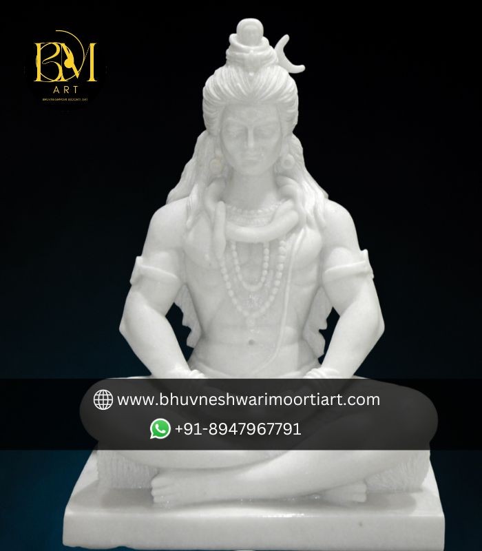 White Marble Shiva Statue Seated in Peaceful Meditation