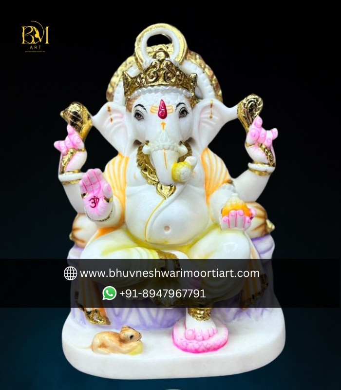 Colorful Marble Ganesha On Lotus Statue