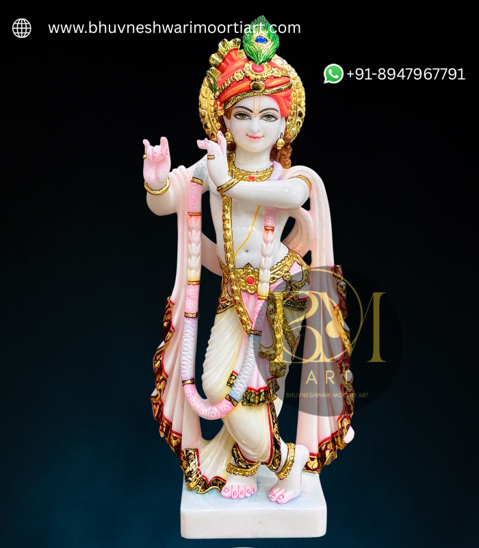 White Makrana Marble Krishna Statue- 21 inch size thumbnail