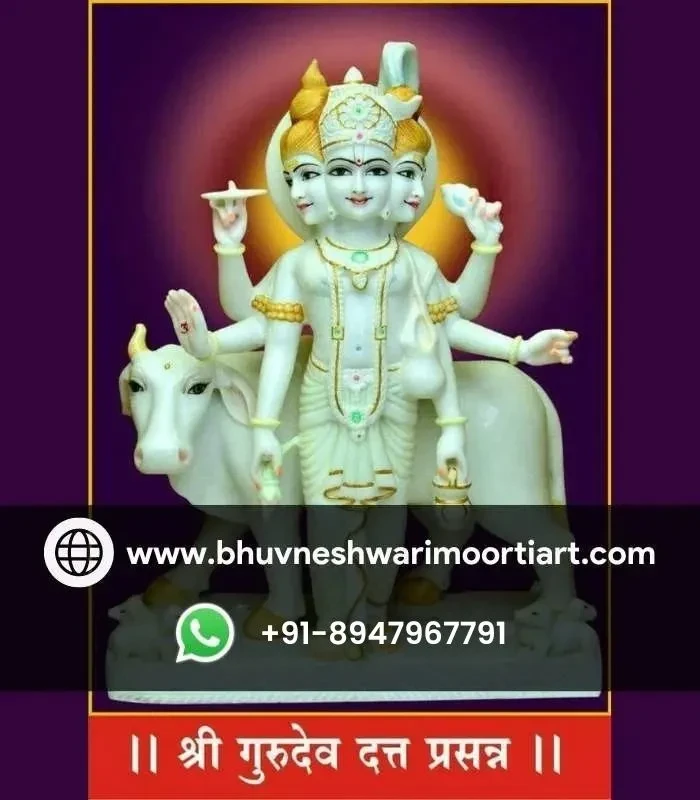White Marble Dattatreya Statue with Cow