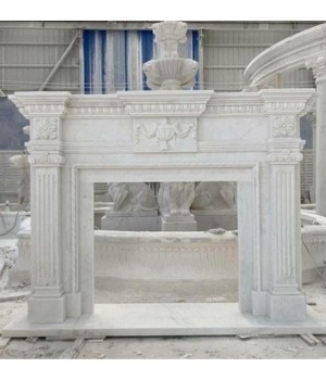 Hand-Carved White Stone Fireplace