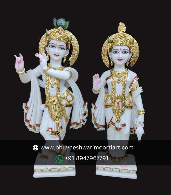 Golden Painted Marble Radha Krishna Statue