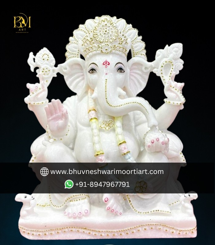White Marble Ganesh by Lotus Sculpture
