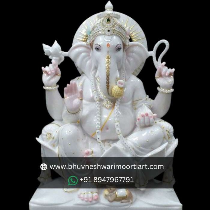 White Marble Ganesh by Lotus Sculpture
