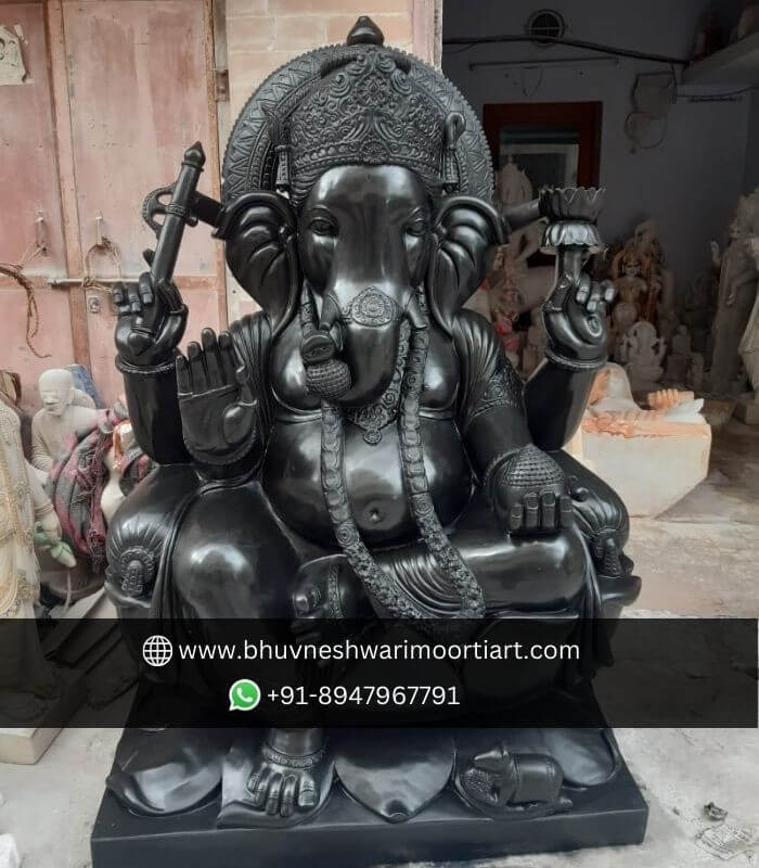 Black Marble Ganesh On Lotus Statue