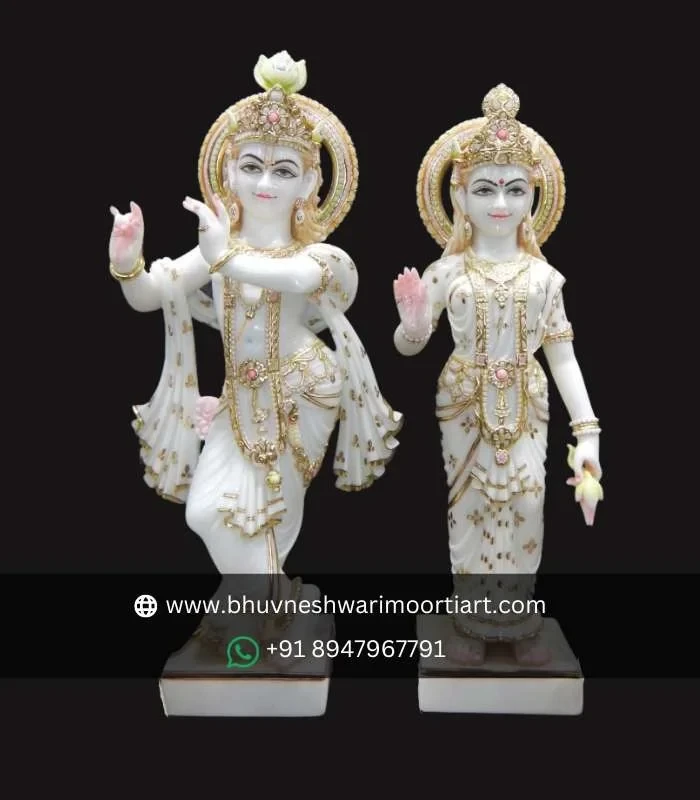 Handcrafted Makrana Marble Radha Krishna Idol in Standing Position with Real Gold Leaf Work