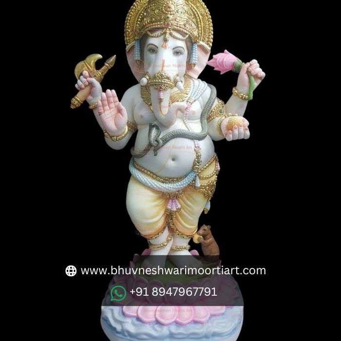 White Marble Standing Ganesha Statue on Lotus