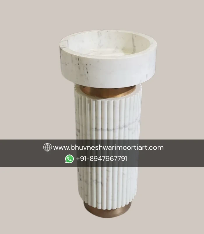 White Marble Pedestal Wash Basin with a Fluted Pillar Base