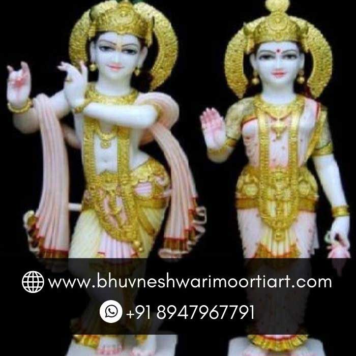 Radha Krishna Marble Moorti with Gold Work