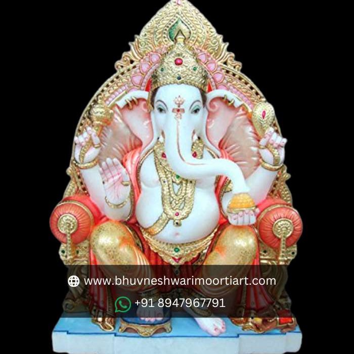 Colorful Marble Ganesha On Lotus Statue