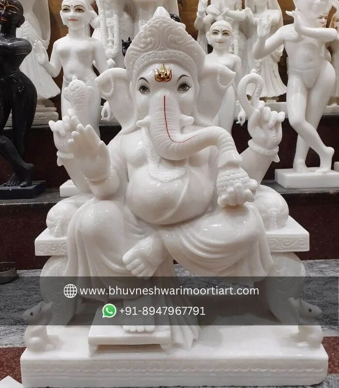 2.5 Feet White Marble Ganesha Statue on Singhasan