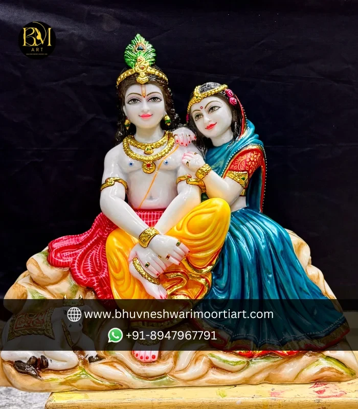 White Marble Moorti of Krishna Ji Sitting with Radha Ji