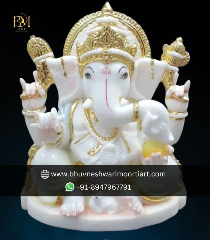 1.5 Feet White Marble Ganesh Statue For Home Temple