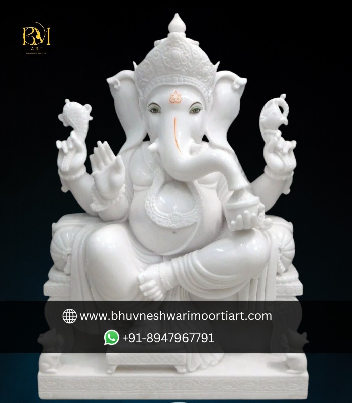 White Marble Ganesh Ji Statue Sitting On Singhasan