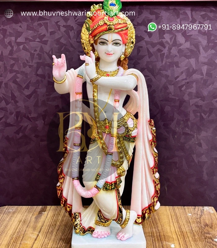 White Makrana Marble Krishna Statue- 21 inch size